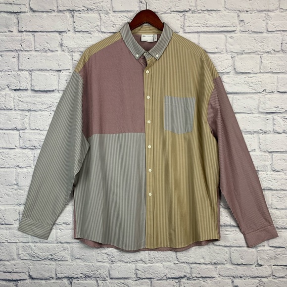 ASOS Other - NWOT Men’s ASOS Design 90s Oversized Patch Striped Button Down 2XL Tan Gray Red